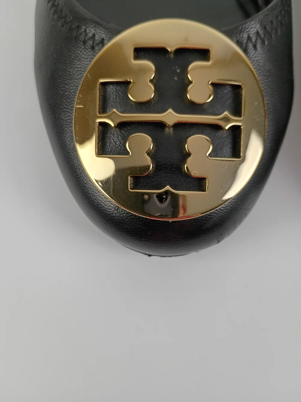 Tory Burch Black Leather Logo Ballet Flats with Gold Emblem